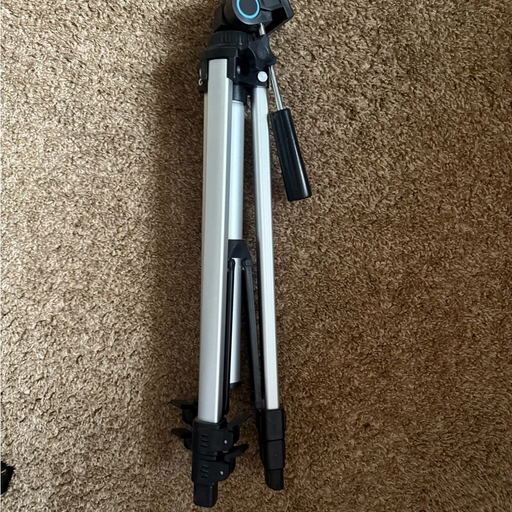 Silver and Black Tripod with Telescoping Legs and Quick-Release Locks